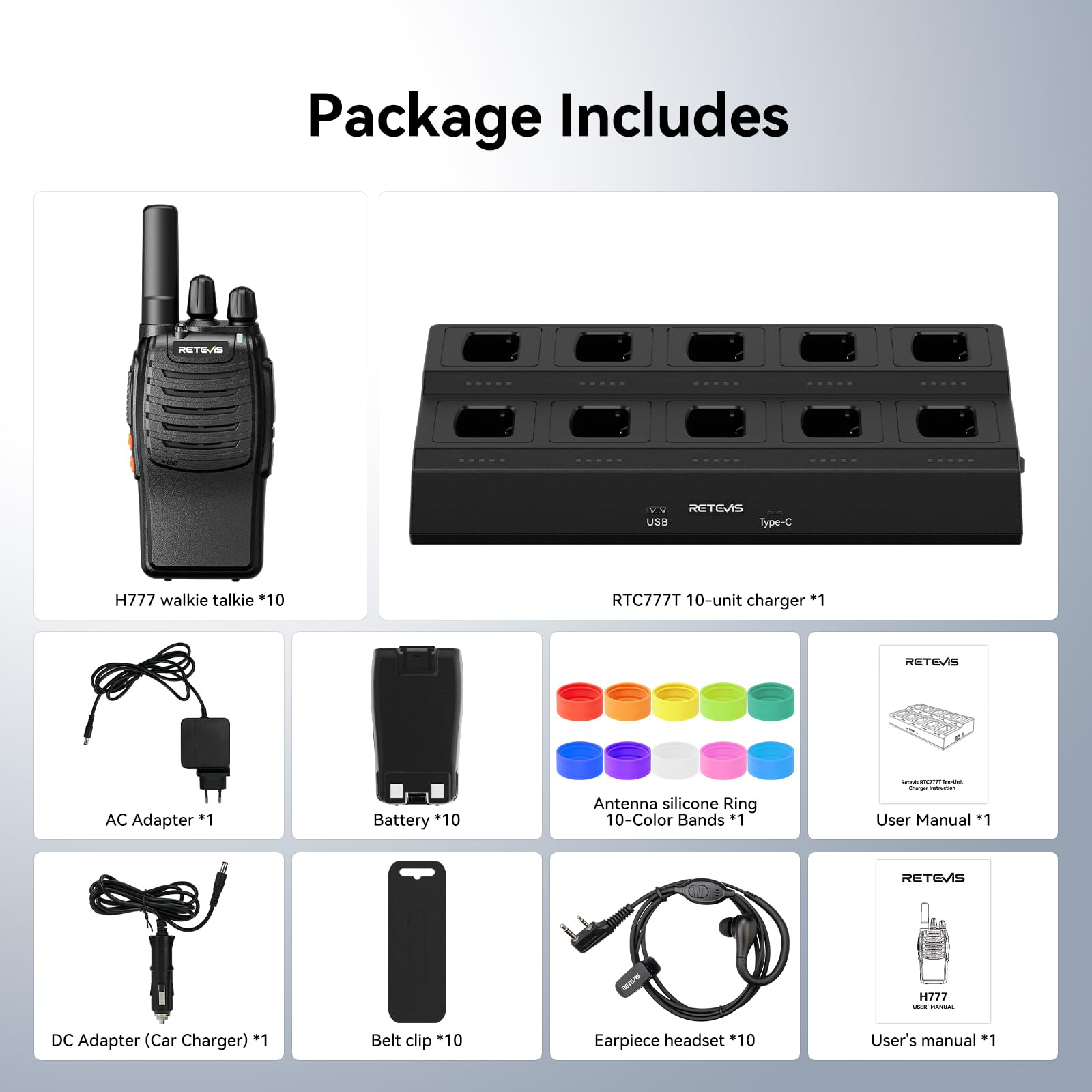 Retevis H777 Walkie Talkie con Auricular, Profesional Walkie-Talkie con Cargador de 10 Ranuras, PMR446 Radio Sin Licencia, VOX, USB-C Walkies con Auricular para Comercial y Seguridad (Negro, 10 Pcs)