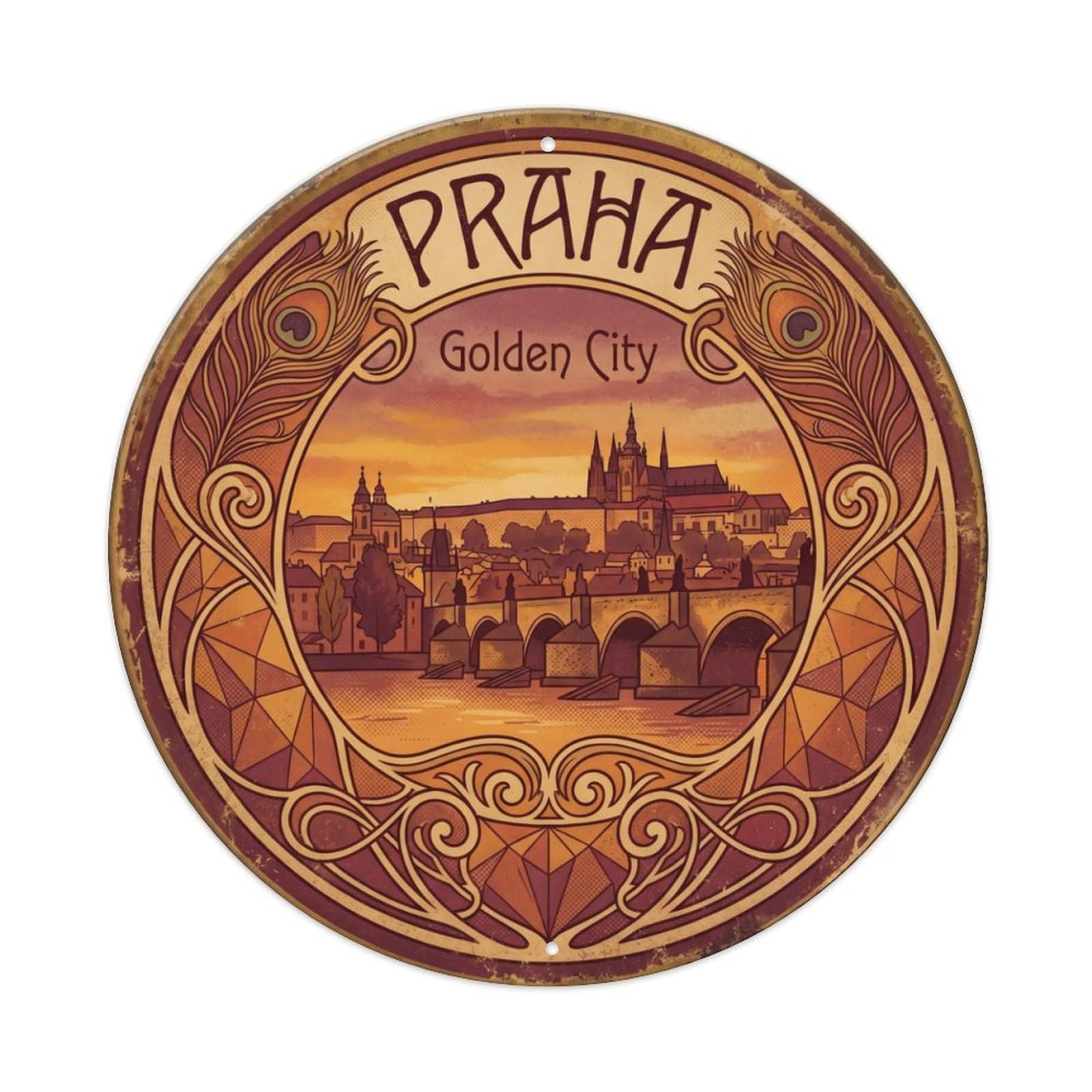 Vintage Travel Prague Bridge Czechia Metal Tin Sign Plaque Wall Decor for Cafe, Club Bar, Office, Home Garden Round Metal Poster 8x8Inch