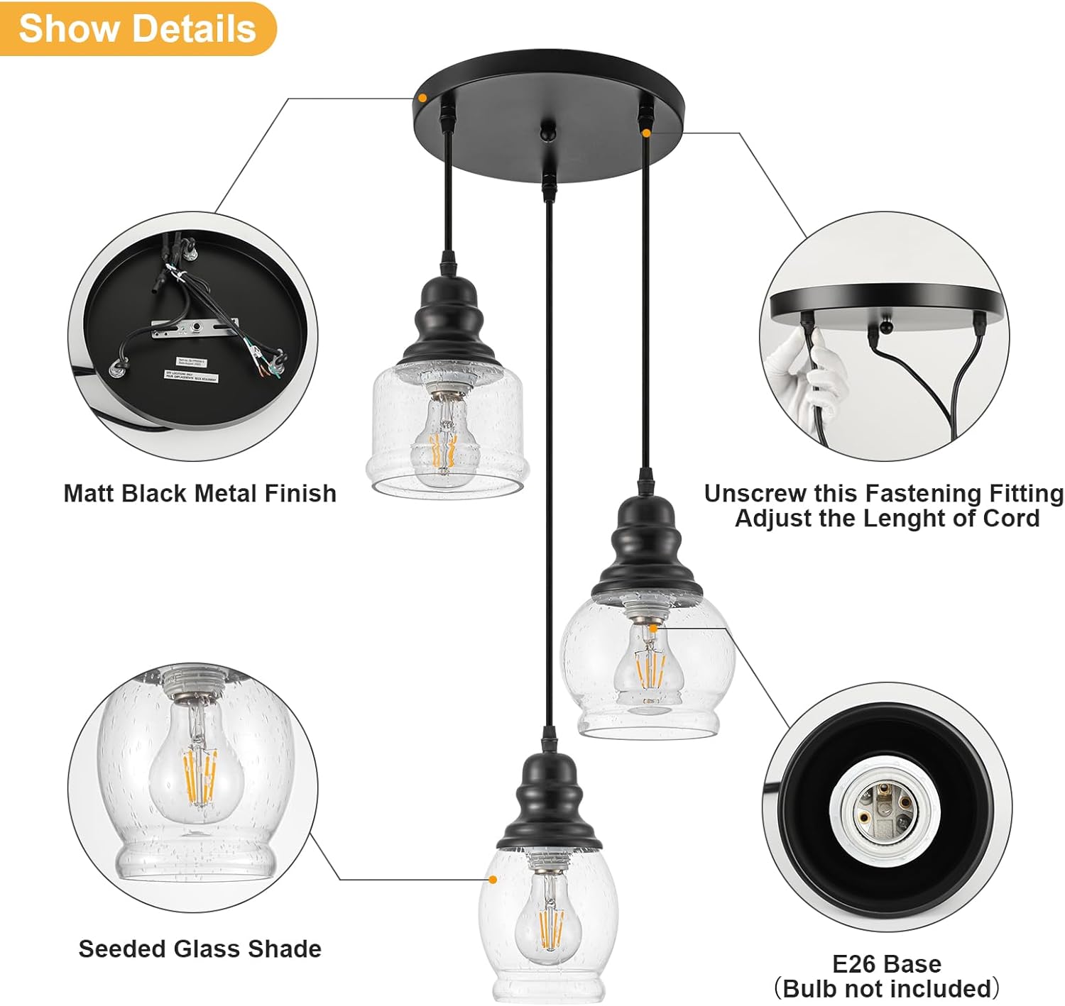 WILON Pendant Light Fixtures, 3 Light Pendant Lighting for Kitchen Island Industrial Hanging Pendant Lighting with Seeded Glass Shade, Black Glass Pendant Light for Dining Room Kitchen Island