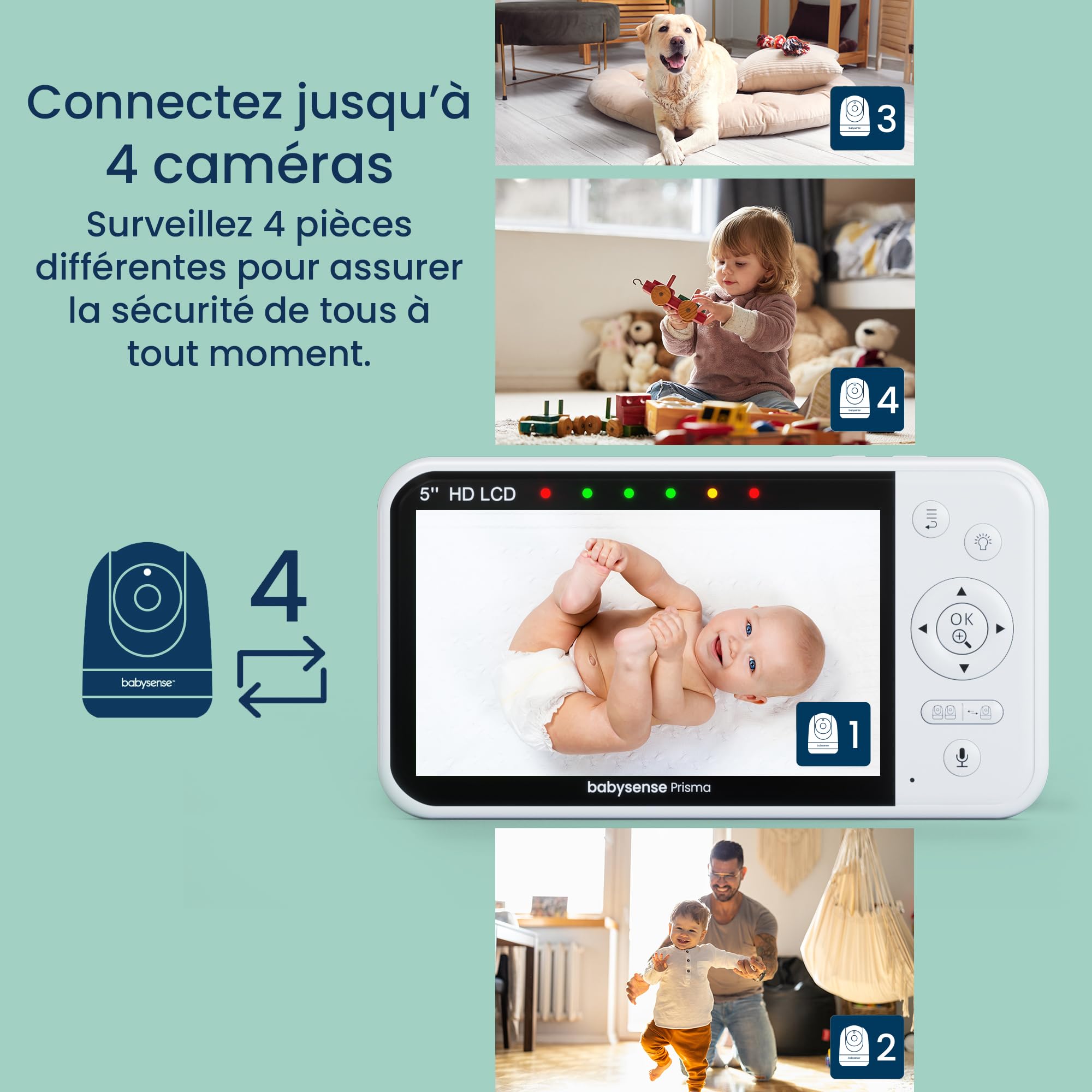 Babysense Prisma Babyphone avec Caméra et Audio, Babyphone Vidéo HD 5", Veilleuse 6 Couleurs, Écran Divisé, Machine à Son pour Bébé avec Bruit Blanc et Berceuses, sans WiFi