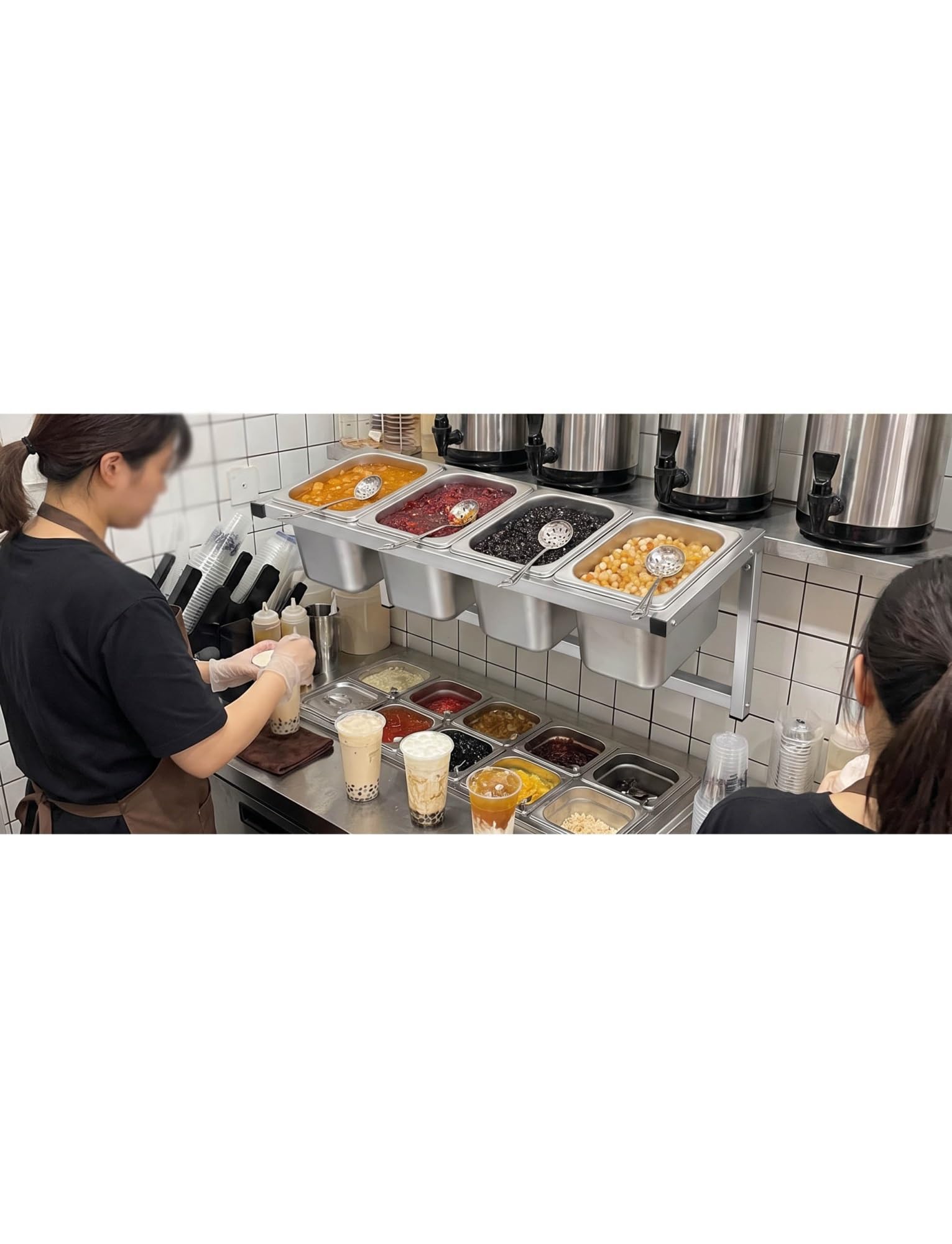 Stazione commerciale per pizza e spezie, mensola da parete in acciaio inox per condimenti con angolo di inclinazione, include cucchiai (66,7 x 21 x 21 cm) per uso ristorante