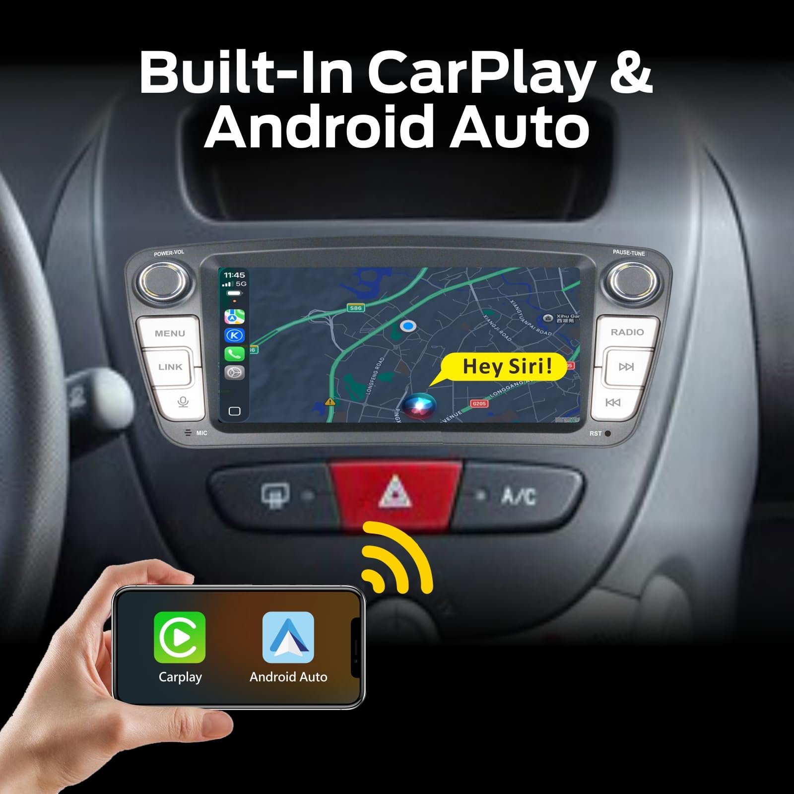 Linux-Autoradio für Peugeot 107/Toyota Aygo/Citroen C1 2004-2014 mit kabellosem CarPlay und Android Auto, 2-Sekunden-Boot, physische Drehregler, OEM-Sound, Plug & Play-Installation