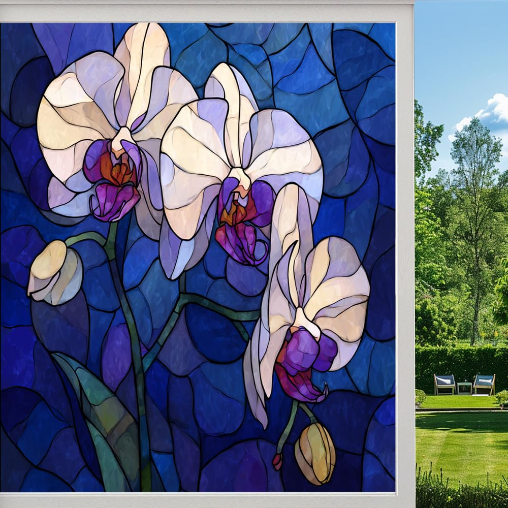Colorful Orchids Stained Glass Window Film, Abstract Floral Botanical Peel and Stick Privacy Film, Frosted Adhesive Vinyl Decorative for Bathroom Windows Glass Doors,（50x100cm）