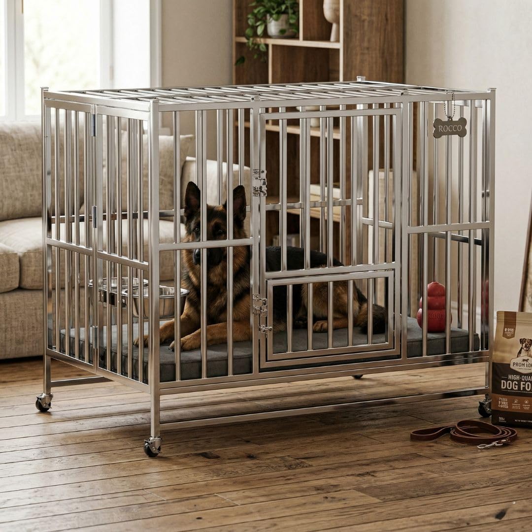Jaula Grande Plegable para Perros de Acero Inoxidable 108 x 70 x 90 cm con Ruedas, Doble Puerta, 2 Bandejas Extraíbles y Cierre de Seguridad