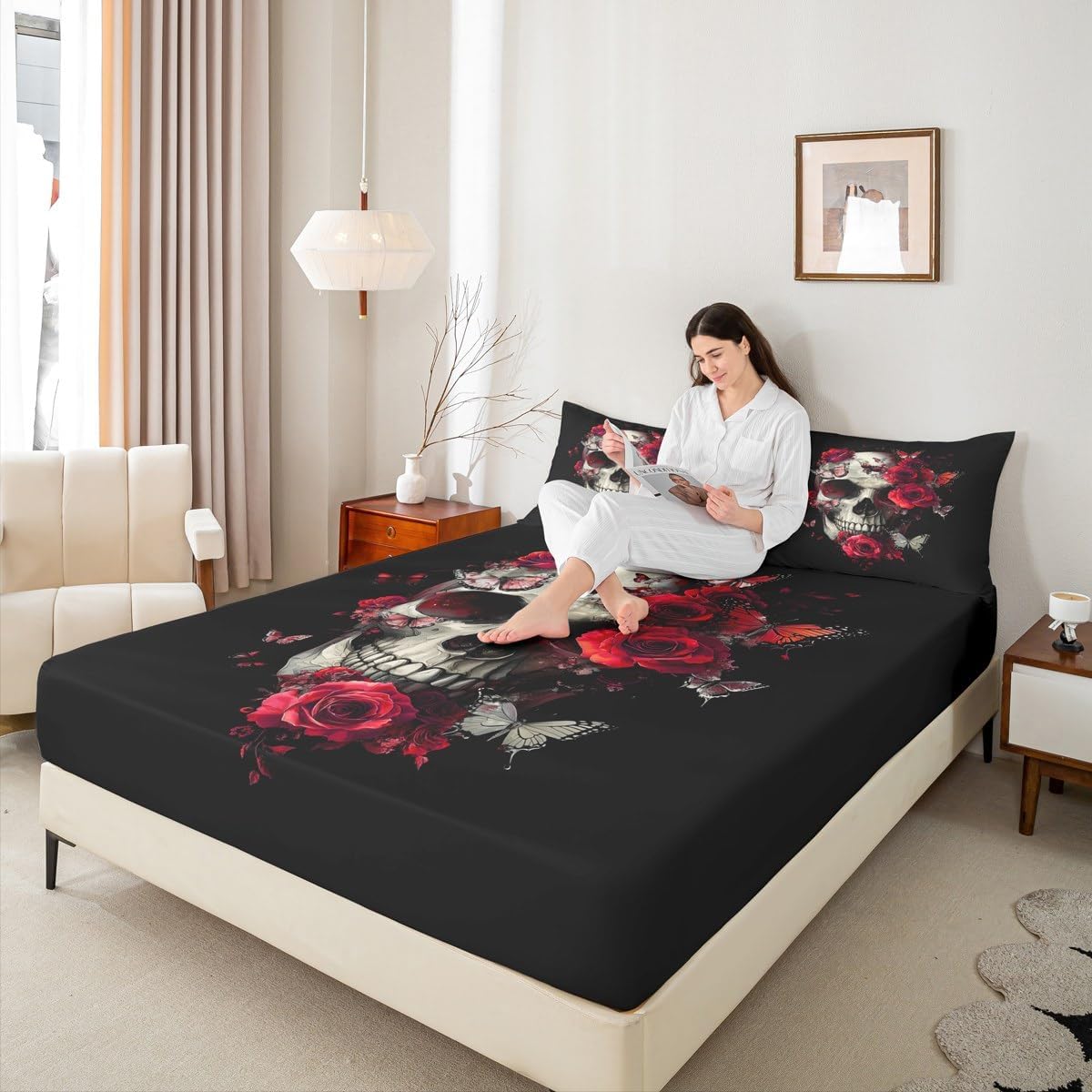 Erosebridal Gothic Skull Fitted Sheet Full Size Goth Halloween Bed Sheets Red Rose Floral Bedding Set Sugar Skull Butterfly Sheets
