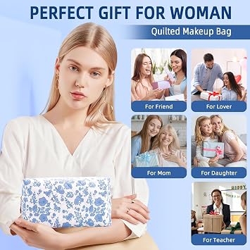 Small Makeup Bag Quilted Cosmetic Bag Floral Travel Toiletry Bags for Women Cute Pencil Case Quilted Makeup Pouch Aesthetic Coquette Cosmetic Pouch Cotton Make Up Bags Cute Zipper Pouches Blue