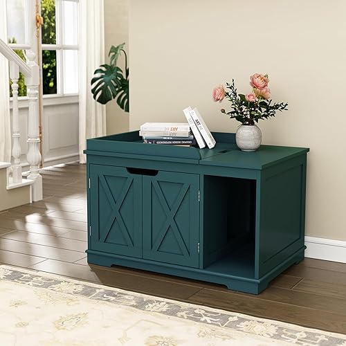 PUPETPO Flip Top Cat Litter Boxes Enclosure Covered Litter Box Hidden Furniture Wooden Cat Washroom Cabinet for Kitty, Medium and Large Cat Green - Green