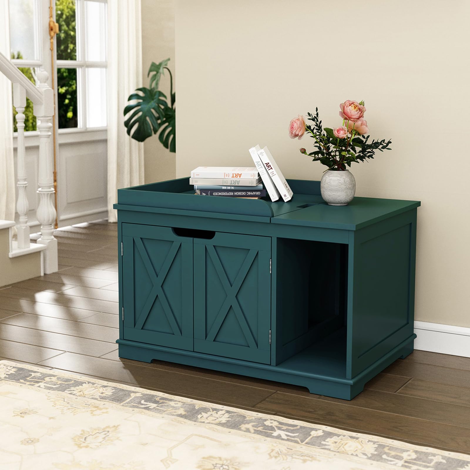 PUPETPO Flip Top Cat Litter Boxes Enclosure Covered Litter Box Hidden Furniture Wooden Cat Washroom Cabinet for Kitty, Medium and Large Cat Green