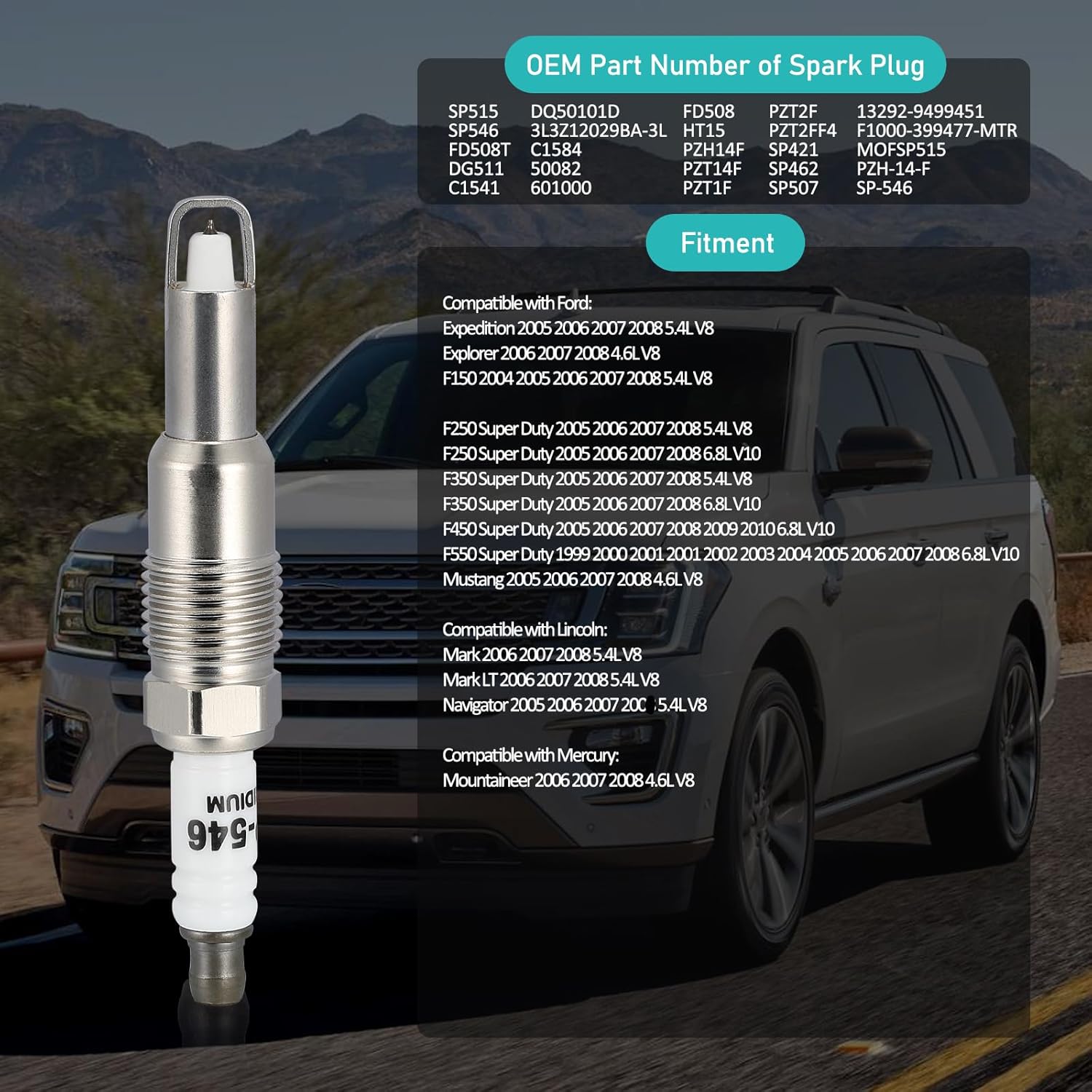 Pack of 8 Nickel Material SP515 SP546 Spark Plugs For Ford Expedition Explorer F150/F250/F350/F450/F550 Super Duty Mustang,Lincoln Mark LT Navigator,Mercury Mountaineer 4.6L 5.4L 6.8L V8 V10