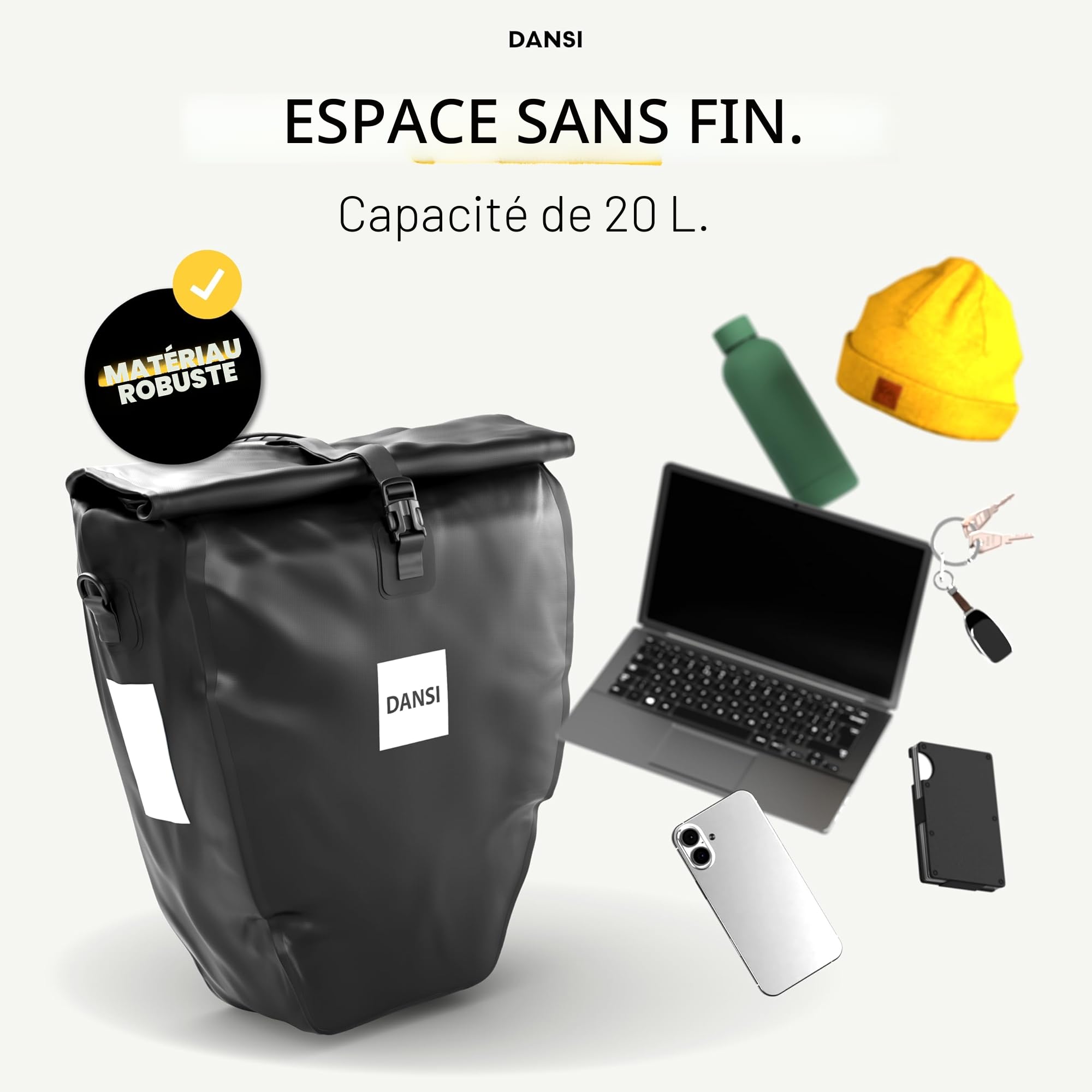 Dansi Sacoches de vélo 20L pour Porte-Bagages, avec bandoulière et poignée, Sacoche de vélo 100% imperméable avec réflecteurs et système de clic, Noir (Lot de 2)