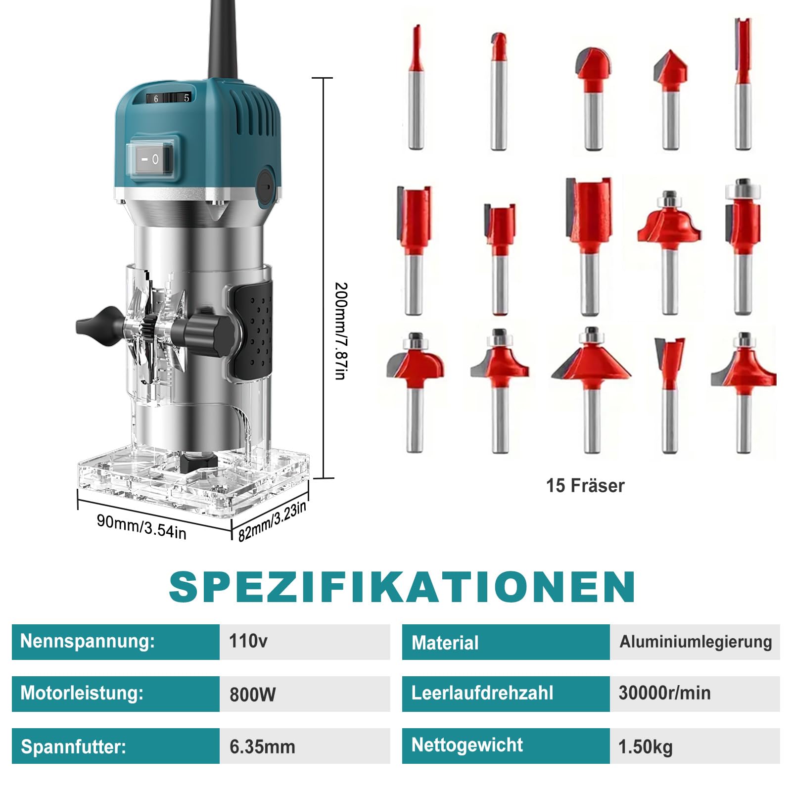Einhandfräse 800W, 30000 U/min Holzfräse Oberfräse, 6,35mm Durchmesser, Hand Fräsmaschine mit 6 Variable Geschwindigkeite, Kantenfräse für Holz, mit 15 Stück Fräser Set