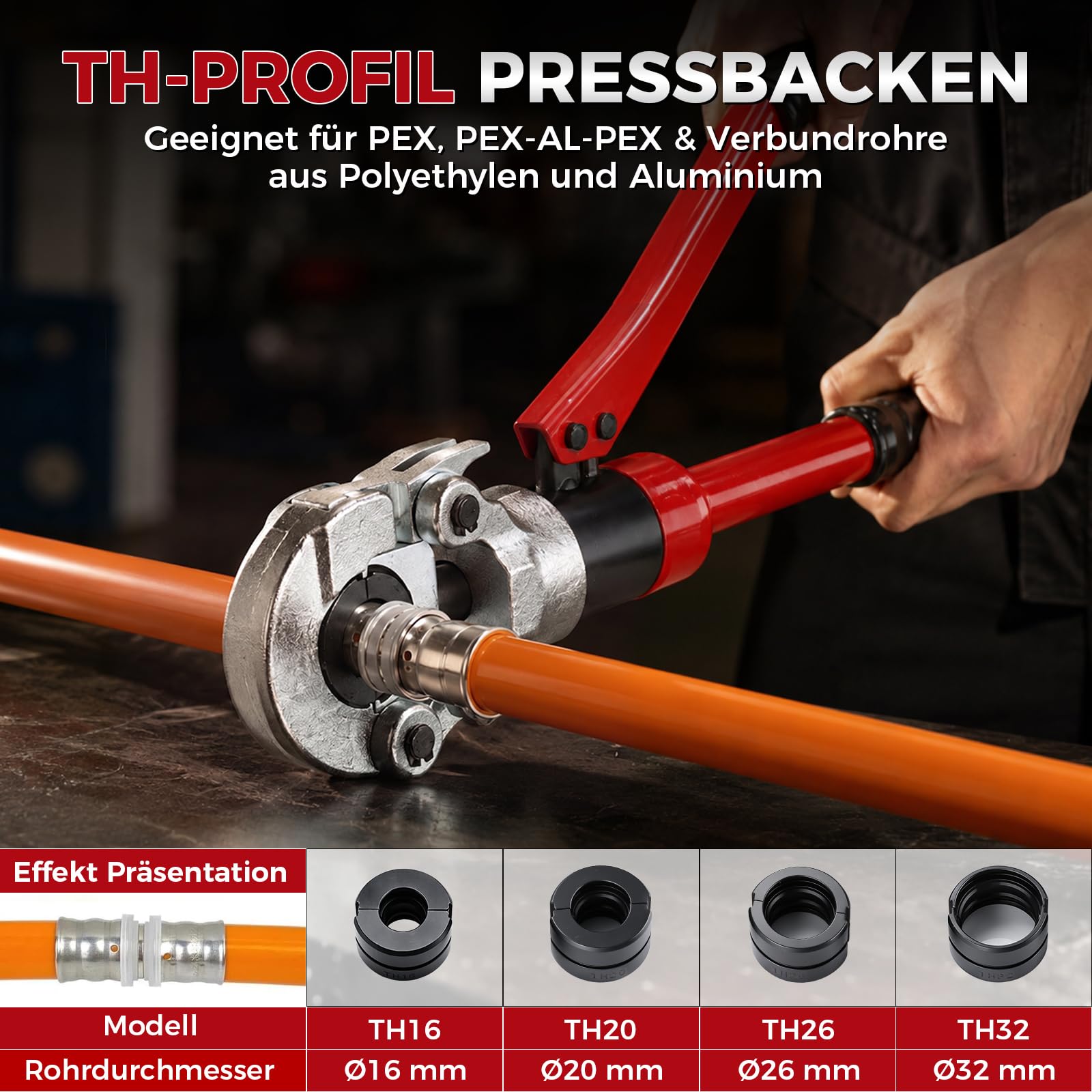 Profi Presszange Set V-Kontur und TH-Kontur für Kupferrohr, Edelstahlrohr und Verbundrohr, Handpresszange mit Rohrabschneider und Entgrater, V12 V15 V18 V22 V28, TH16 TH20 TH26 TH32