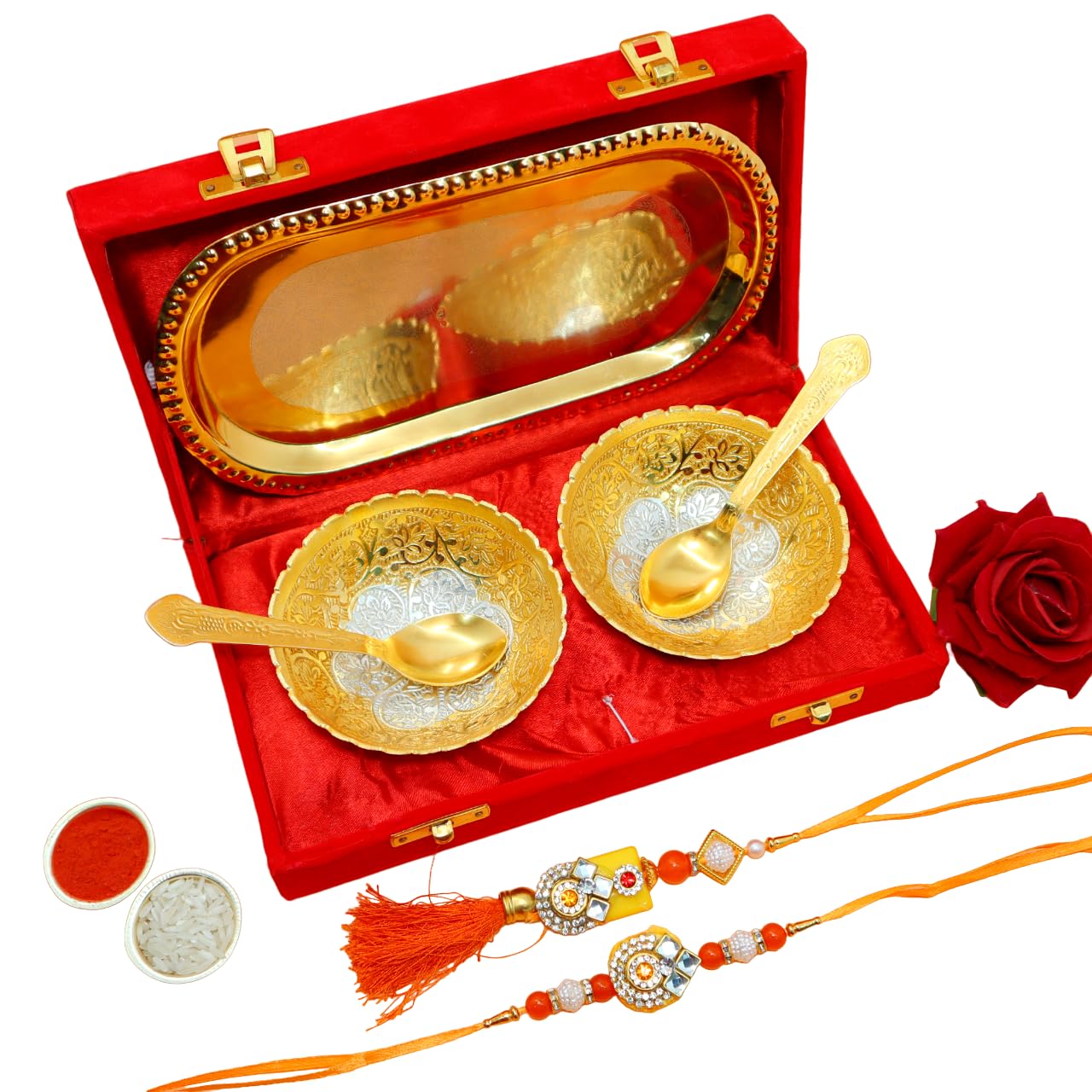 AC Anand Crafts | Premium Rakhi Gift Brother | Rakhi for Brother And Bhabhi with Gift Silver Plated Bowl Set | Handmade Beads Metal Rakhi with Roli Chawal for Bro/Bhaiya/Bhai (2 Rakhi with Bowl Set Gold)