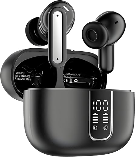 Wireless Earbuds, Bluetooth 5.4 Headphones Bass Stereo, Ear Buds with Noise Cancelling Mic, LED Display in Ear Earphones Clear Calls, IP7 Waterproof Bluetooth Earbuds for Phones/Sports/Laptop, Black