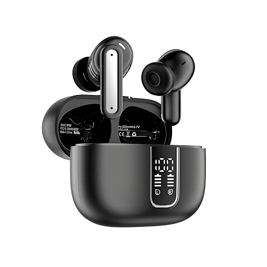 Wireless Earbuds, Bluetooth 5.4 Headphones Bass Stereo, Ear Buds with Noise Cancelling Mic, LED Display in Ear Earphones Clear Calls, IP7 Waterproof Bluetooth Earbuds for Phones/Sports/Laptop, Black