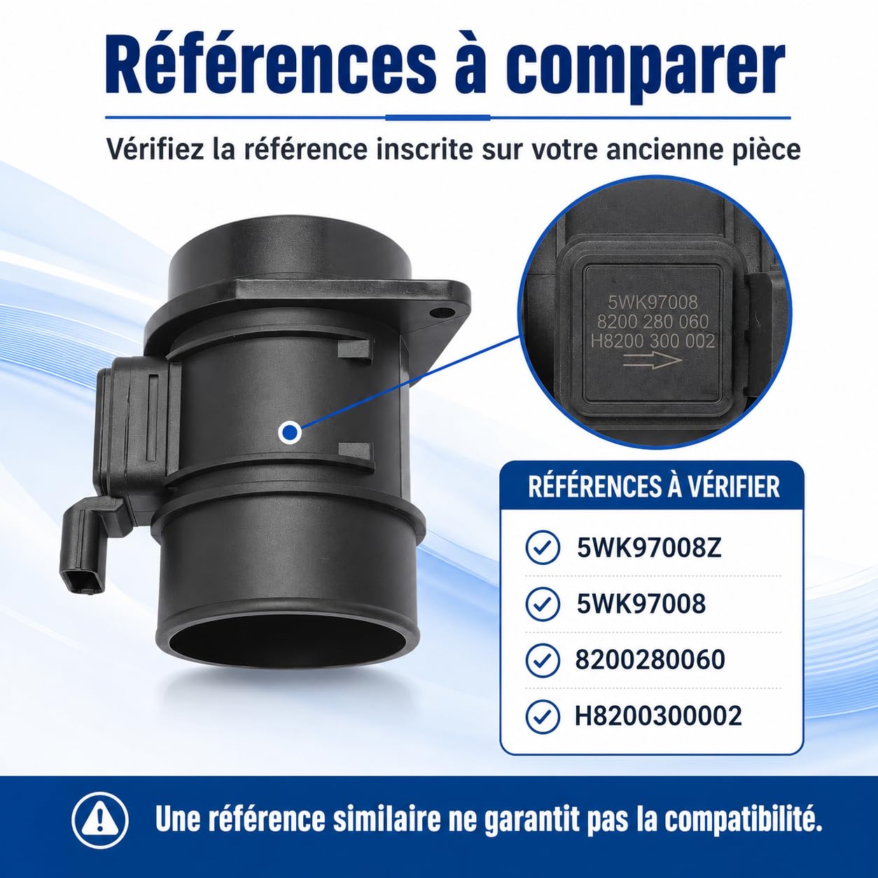 Débitmètre de Masse d’Air 5WK97008Z Compatible avec Renault Kangoo Mégane Scénic Trafic Master, Opel Vivaro Movano, Nissan Interstar Qashqai, 8200280060 H8200300002