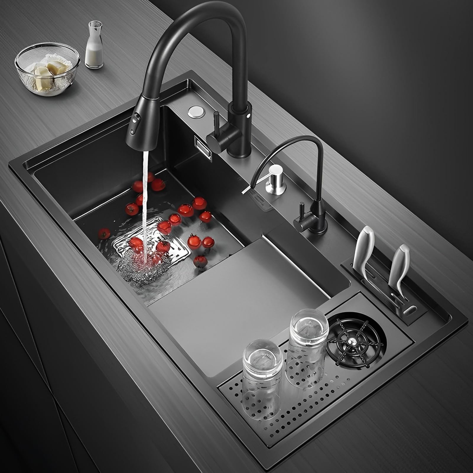 Lavello da cucina, 86 x 50 cm, 1 vasca, con gradino, lavello nano nero, in acciaio inox, multifunzione, con rubinetto da cucina estensibile 3 in 1, dispenser di sapone, sifone, pulsante di controllo