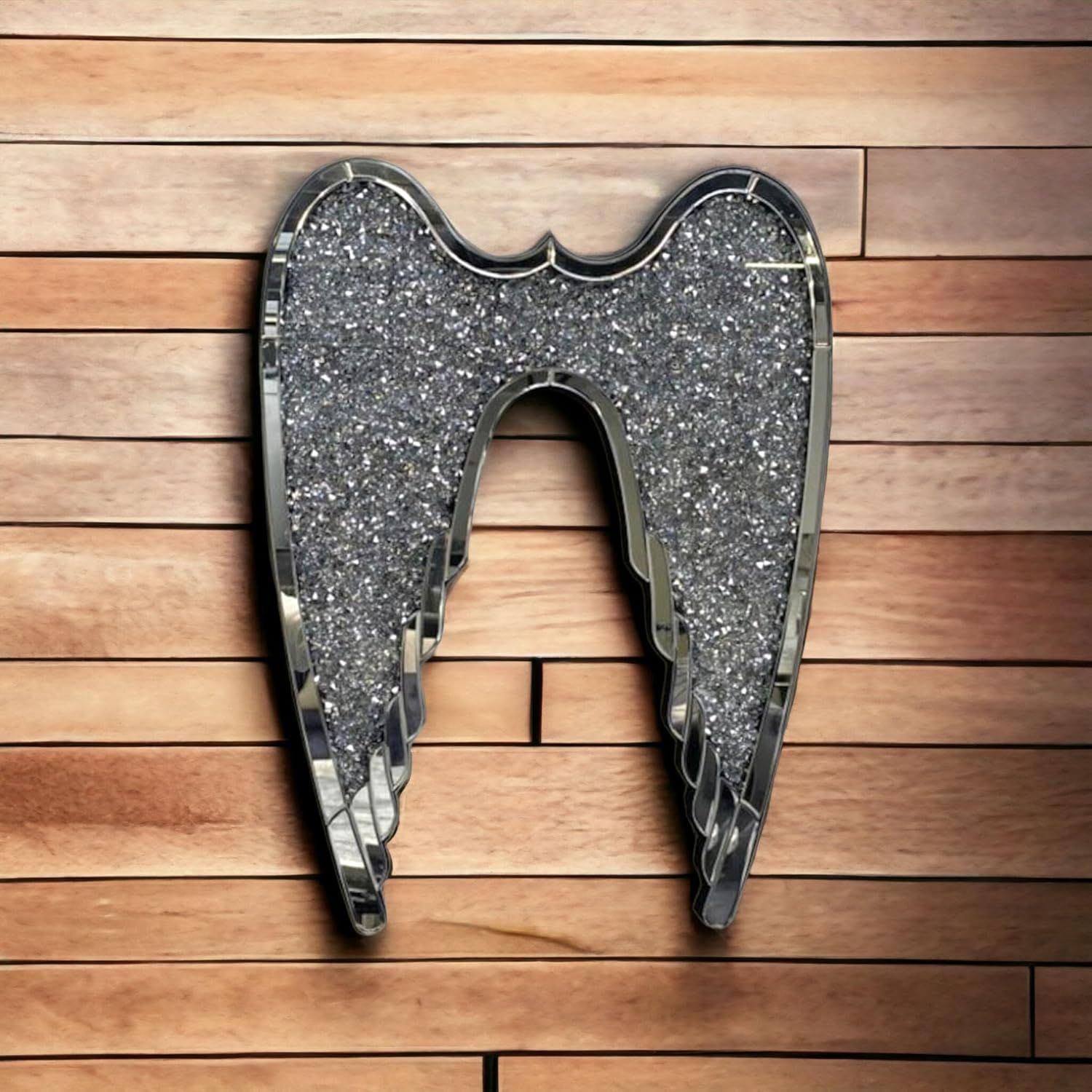 Jayogla Silver Mirrored Diamond Wings Crushed Crystal Mirror Diamond Wall Art Love Home Bling Sparkly, 40X50 Cm