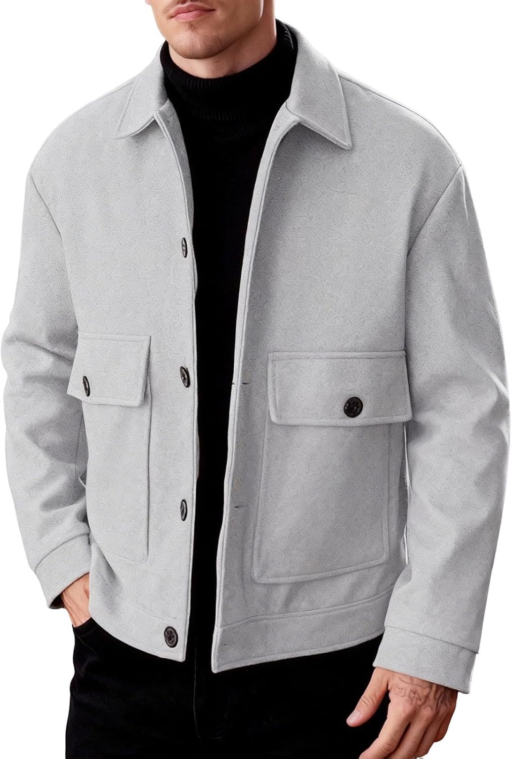 JOFOW Button Down Jacket for Men Loose Fit Lapel Collar Long Sleeve Business Work Office Casual Jackets