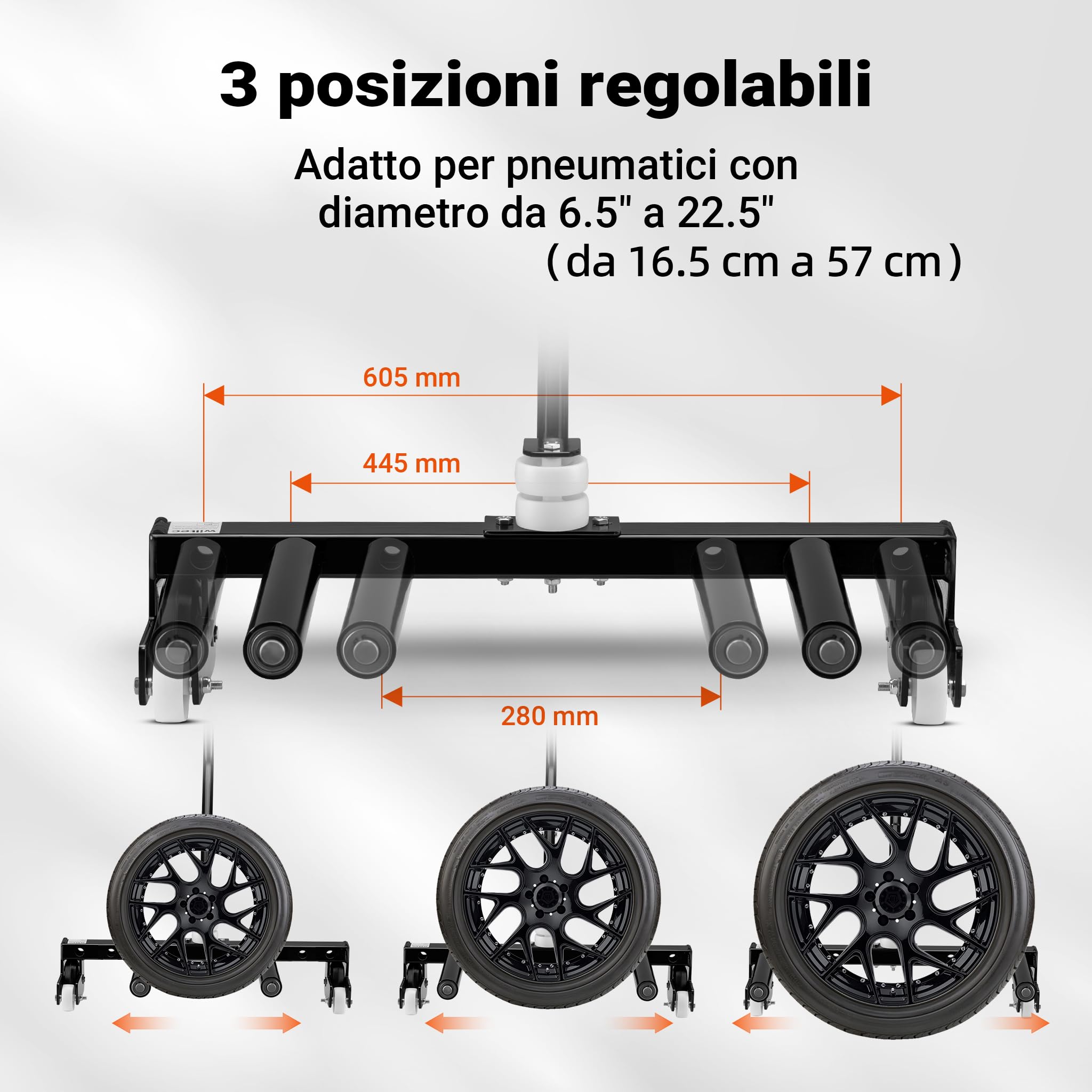 XPOtool Carrello smontagomme in Acciaio per Montaggio Pneumatici, Max 250kg, Carrello sposta Ruote, togliruote per Pneumatici 17-56,5 cm (6,5-22,5")