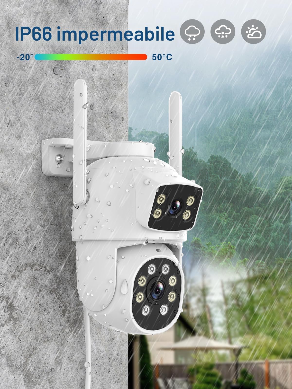 Reobiux 3K Telecamera Wi-Fi Esterno con Doppia Lente, Videocamera Sorveglianza Esterno con Visione Notturna a Colori, Rilevamento Umano, Audio Bidirezionale, Allarme Sonoro e Luminoso, IP66