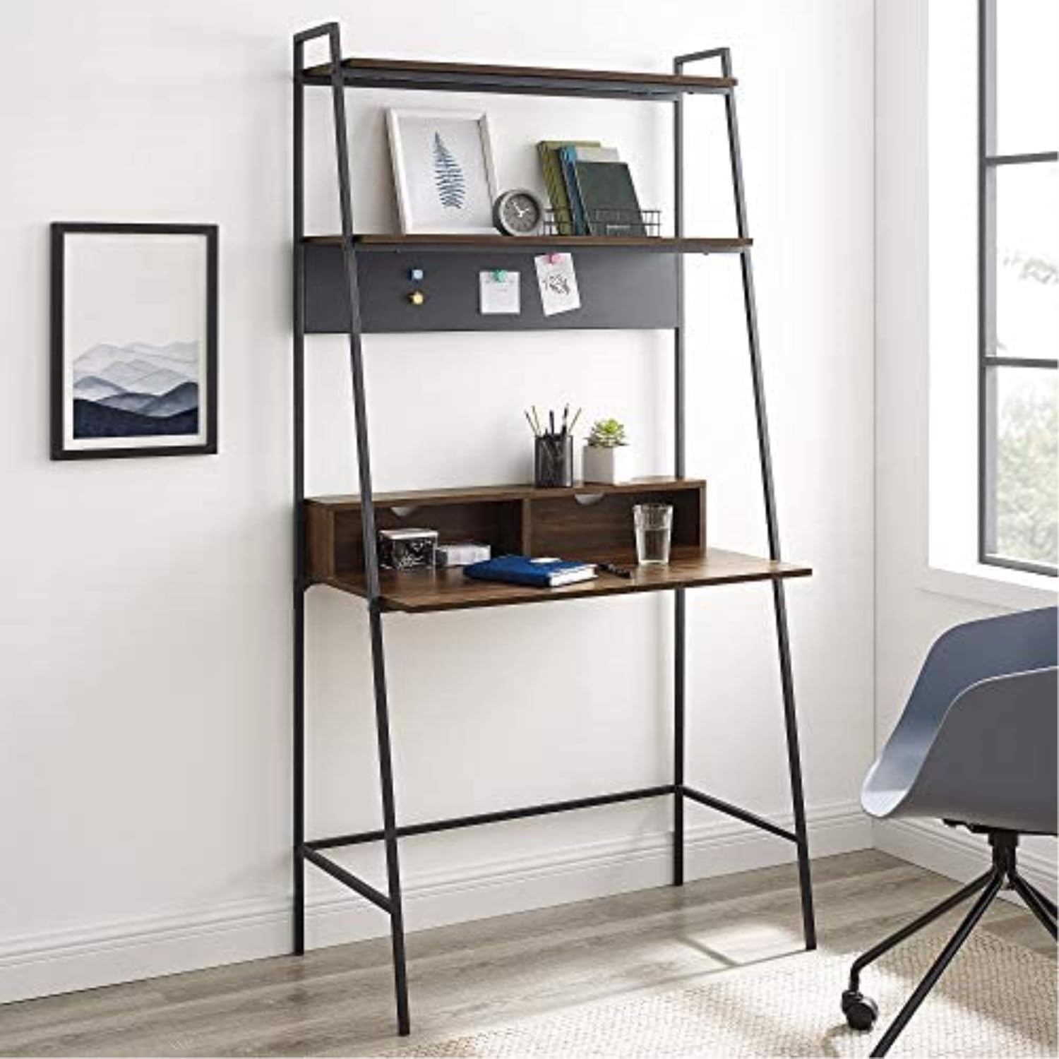 Lifestyle image of the Walker Edison Modern Wood Ladder Computer Desk in a home office setting