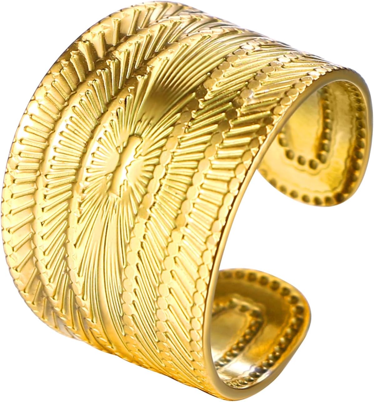 Open Wide Ring for Women: Pack of 3 Adjustable Gold-Plated Ring Sunshine Skeleton Ring Stackable Ring with Fan Pattern Stainless Steel Irregular Surface Chunky Ring Women