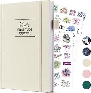 Gratitude Journal with 4 Inspirational Stickers: Undated Daily Gratitude Journal for Women and Men - More Happiness, Affirmation, and Mindfulness in A Few Minutes with Prompts & Quotes (Beige)