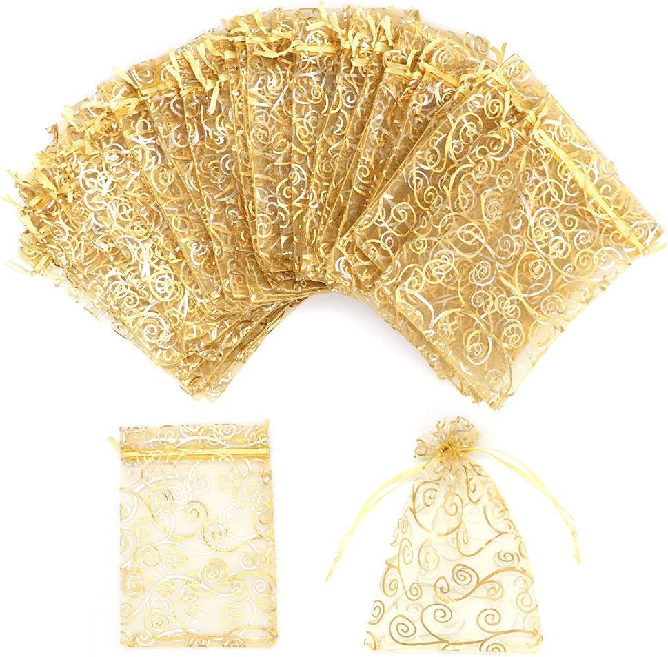 Staruby Organza Gift Bags 100Pcs Gold Sheer Organza Bag 4x6 Inch Mesh Favor Bags Drawstring Jewelry Rattan Printed Gift Pouches for Wedding Party Favors Baby Shower Christmas Gifts Candy Bags