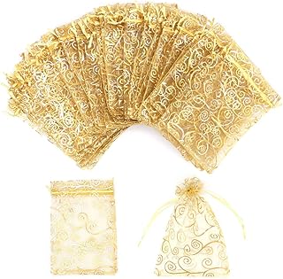 Staruby Organza Gift Bags 100Pcs Gold Sheer Organza Bag 4x6 Inch Mesh Favor Bags Drawstring Jewelry Rattan Printed Gift Pouches for Wedding Party Favors Couple Shower Christmas Gifts Candy Bags