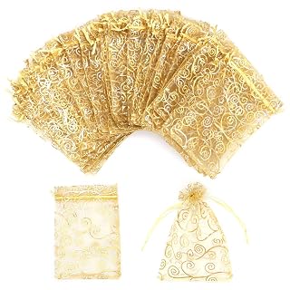 Organza Gift Bags 100pcs Gold Sheer Bag 4x6 Inch Mesh Favor Bags | Gold Sheer Drawstring Jewelry Rattan Printed Gift Pouches for Wedding Party Favors Couple Shower Gifts Candy Bags - Amazon product rated Grade B