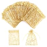 Staruby Organza Gift Bags 100Pcs Gold Sheer Organza Bag 4x6 Inch Mesh Favor Bags Drawstring Jewelry Rattan Printed Gift Pouches for Wedding Party Favors Couple Shower Christmas Gifts Candy Bags