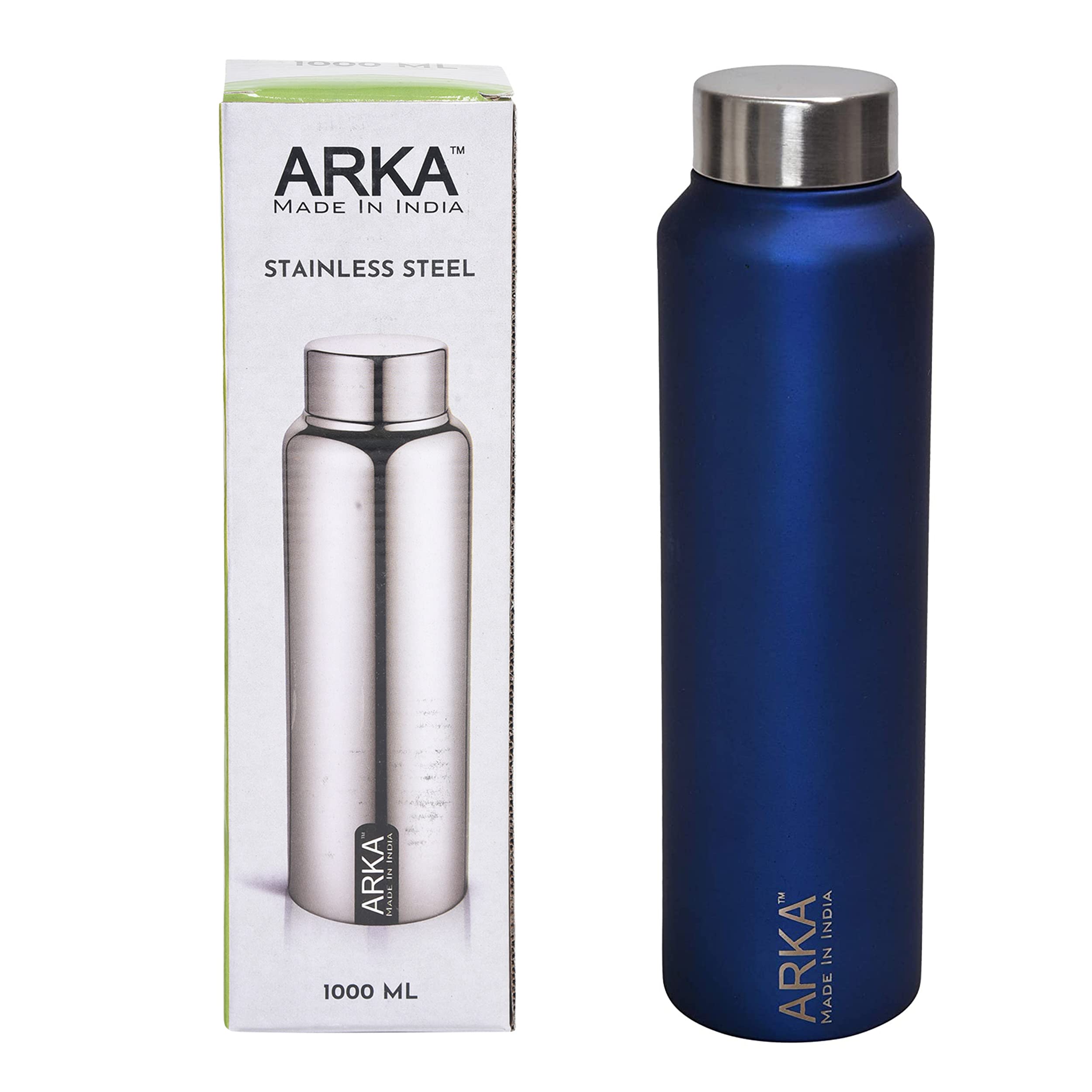 Arka Stainless Steel Chromo Water Bottle, 2-Piece, 1 Liter Each,Matt Blue Ideal to Store All Beverages 1