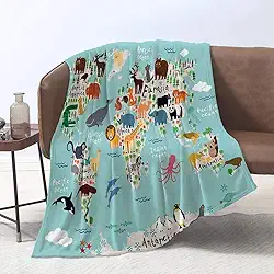 Lmorey Mapa animal do mundo para crianças cobertor cama sofá viagem acampamento cobertor super macio para crianças adultos 152 x 203 centímetros