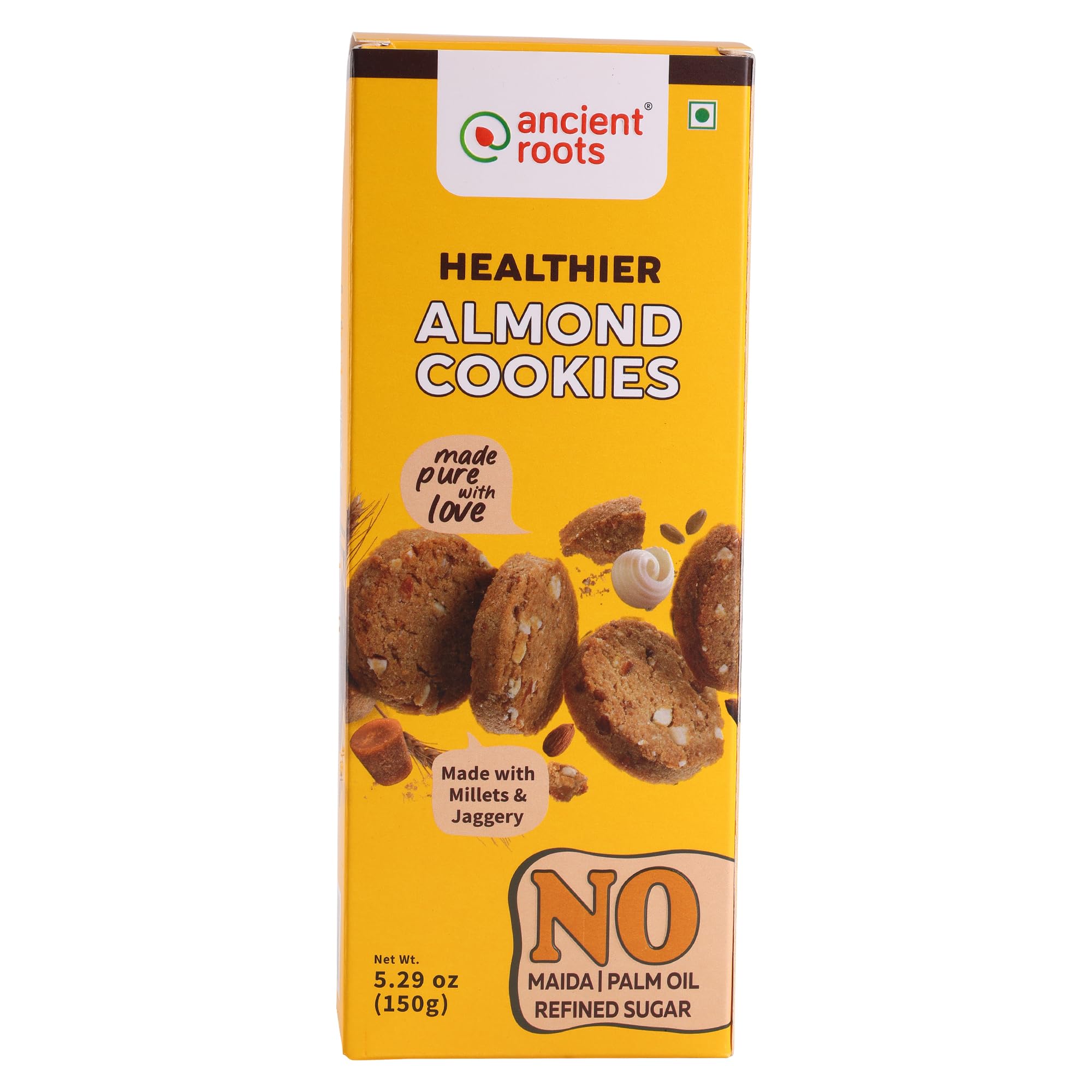 Ancient Roots Almonds Cookies Biscuits for Tea, Coffee, Breakfast, Kids – 150 gm | Made with Millet Flours, White Butter and Jaggery | No Maida and No Refined Sugar (Pack of 1)