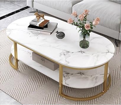 Oval marble Modern coffee table,mid Century Coffee Table,Gold Metal Frame Minimalist Shelf Cocktail Table,for Living Room Home Office Coffee table-Easy to Assemble120x60x42cm47x24x17inch, White