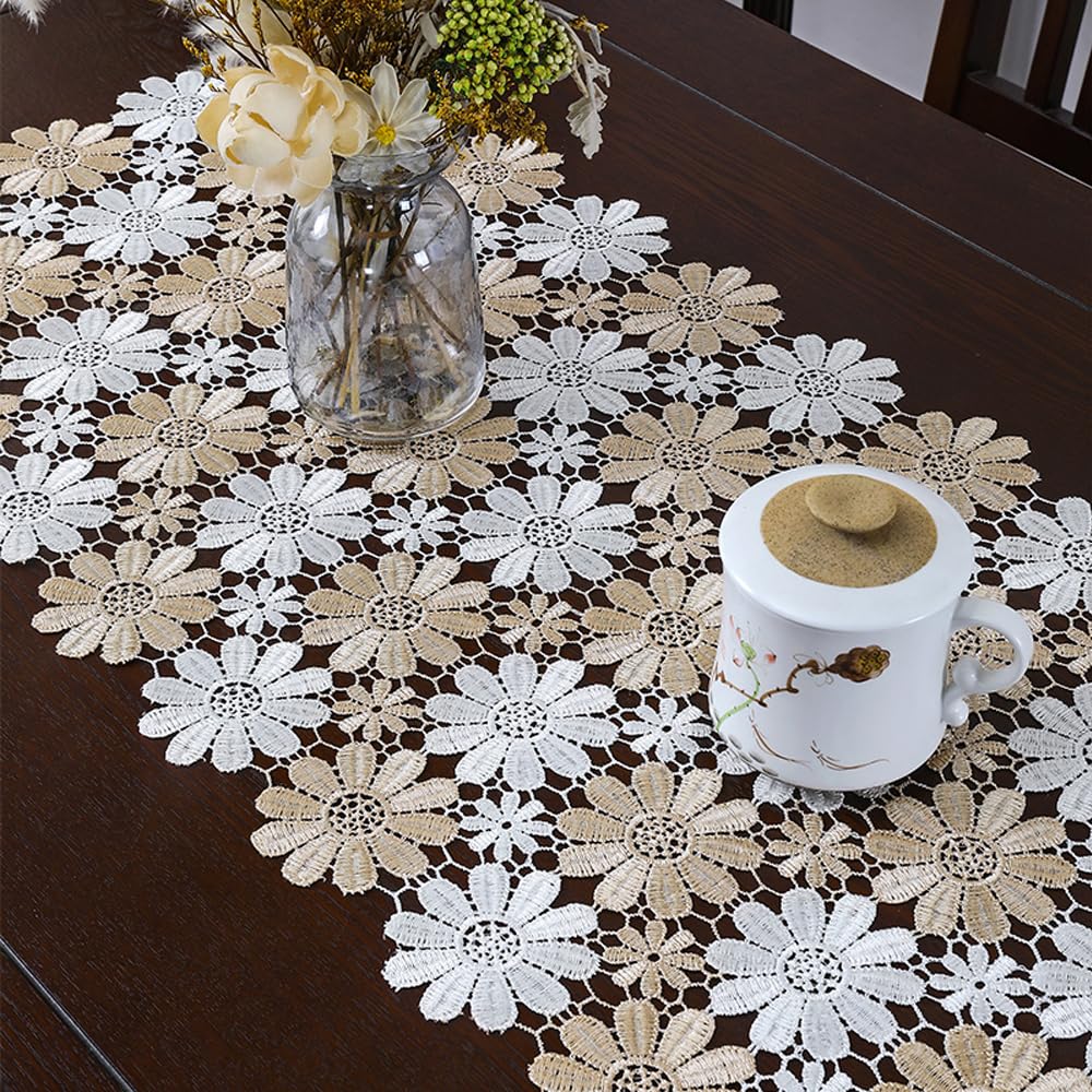Runner da Tavola in Pizzo Elegante - Decorazione per Matrimoni, Festival, Casa - 40x120 cm, Misto Bianca e Marrone