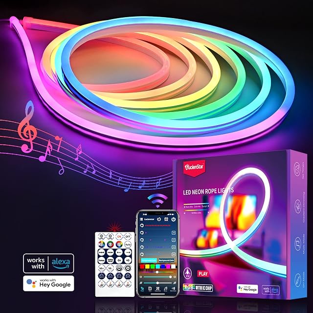 Lucienstar Neon Light Strip - 5M RGBIC Rope Lights with Music Sync, 16 Million DIY Colors,Creative DIY Design, Works with Alexa and Google Assistant, LED Strip Lights for Gaming Room Wall Decor