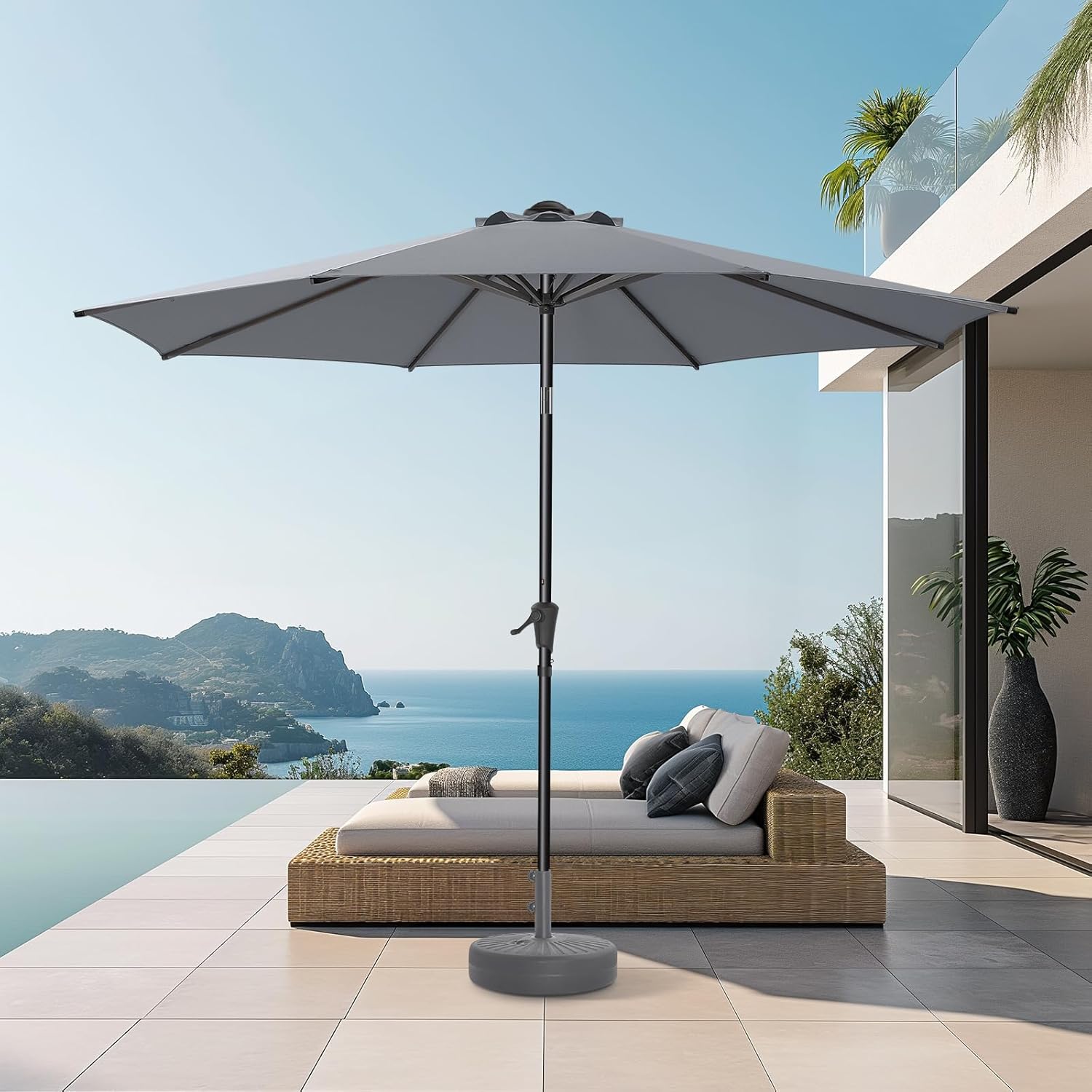 9ft Outdoor Patio Umbrella - UPF50+ UV Protection Market Patio Table Umbrella with Push Button Tilt, Crank and 8 Sturdy Ribs for Pool Deck and Garden (Grey, No base) 9FT grey