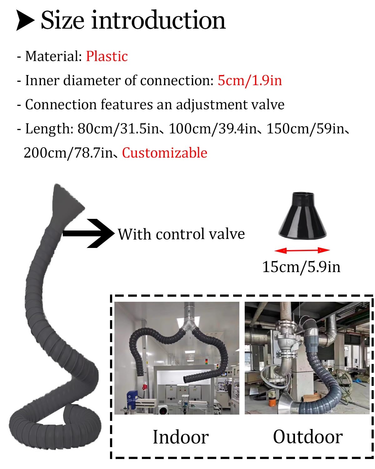 Tubo Flexible Brazo Colector De Conducto Industrial De 2, 3, 4, 6 Y 7 Pulgadas, Tubo De Escape Aislado para La Eliminación De Gases, Humo Y Vapores, Extractor(L 150cm/59in,Dia 5cm/1.9in)