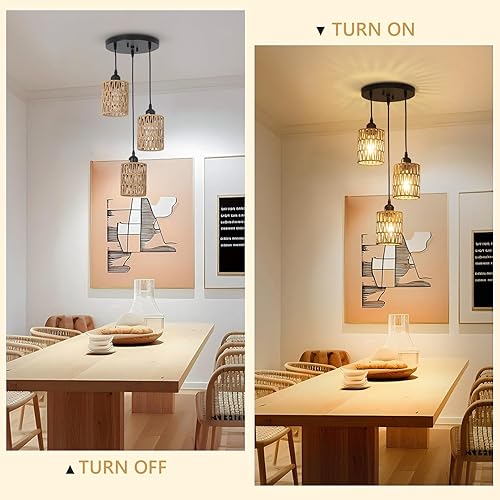 Miniatura 2 de Lámpara colgante de ratán de 3 luces, lámpara colgante de techo para comedor, estilo bohemio, con pantallas de mimbre tejidas a mano para cocina,