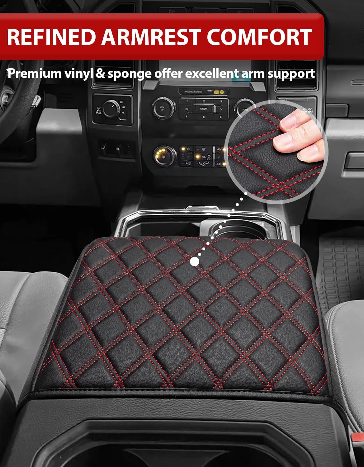 KBH Auto Center Console Armrest Cover for 2015-2020 Ford F150, 2017-2022 F250 F350 F450 F550, 2018-2024 Expedition, Bucket Seat Only, Anti-Scratch, Black-Red Stitch (Not for Other Years)