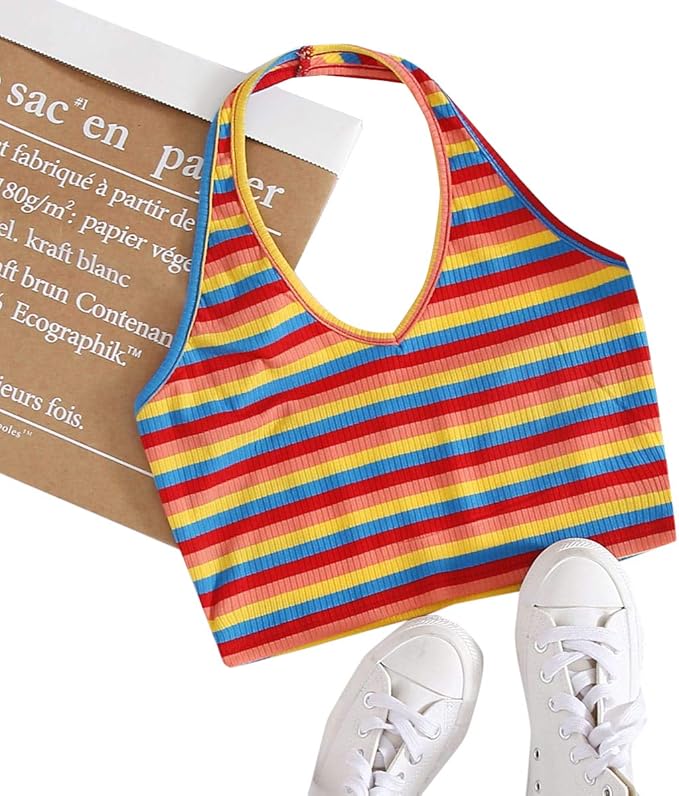 Amazon Co Jp Shein レディース ノースリーブ レインボー ストライプ リブ編み バックレス ホルター クロップトップ Us サイズ X Small 服 ファッション小物 Amazon Co Jp Shein レディース ノースリーブ レインボー ストライプ リブ編み バックレス ホルター クロップトップ Us サイズ X Small 服 ファッション小物