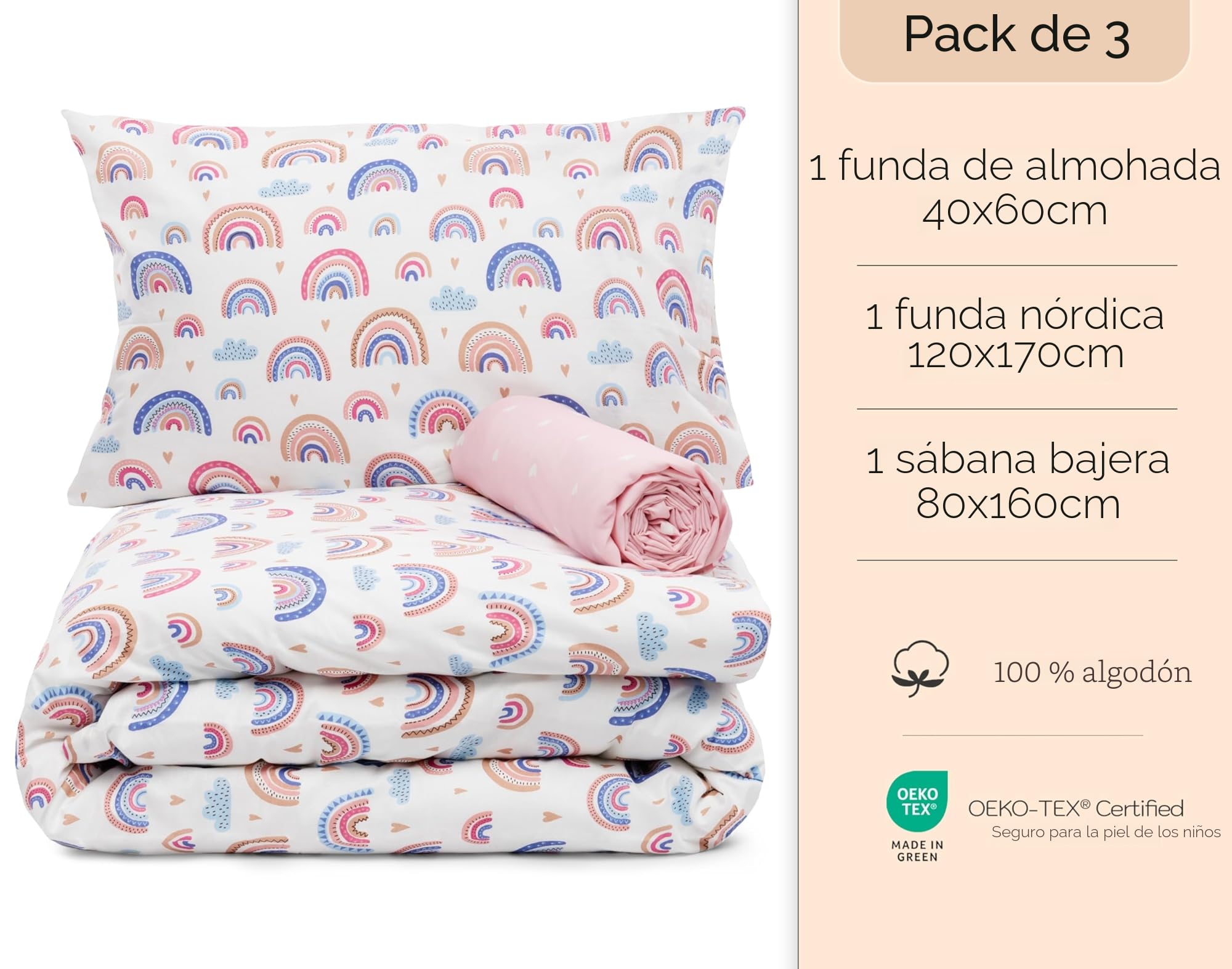 Sábana Bajera de 80 x 160 cm + Funda Nórdica de 120 x 170 cm + Funda de Almohada Infantil de 40 x 60 cm. Cama 80x160. (Arcoíris, Cama 80x160 cm - Juego de 3)