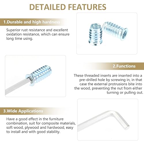 Miniatura 85 de Insertos roscados de 5/16"-0.709 x 0.984 in, acero al carbono chapado en zinc, con llave hexagonal para tornillos de muebles de madera, 26 piezas