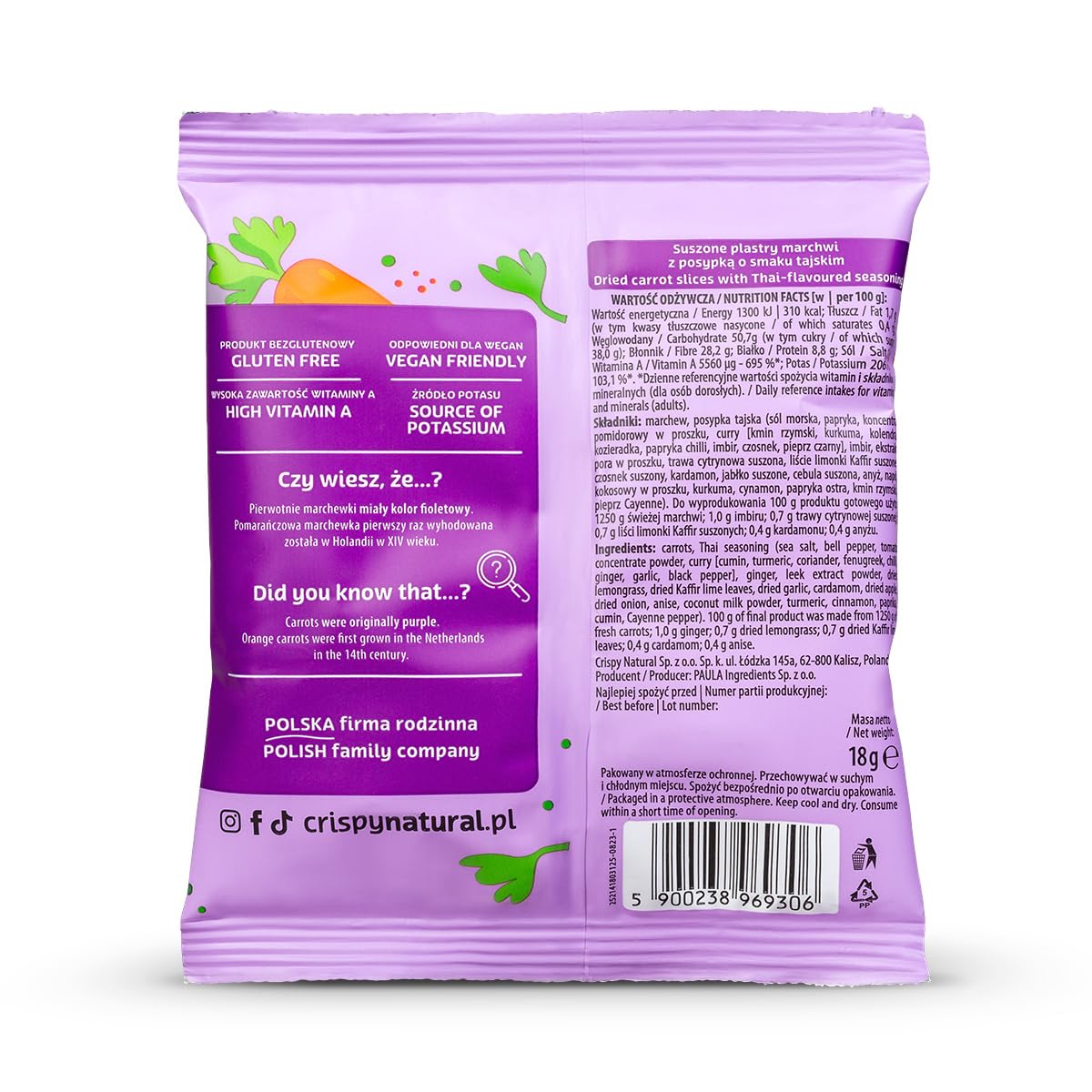 Crispy Natural Chips di Carota al Gusto Thailandese 24x18g Spuntino Naturale Senza Aggiunta di Zucchero Confezioni Pratiche