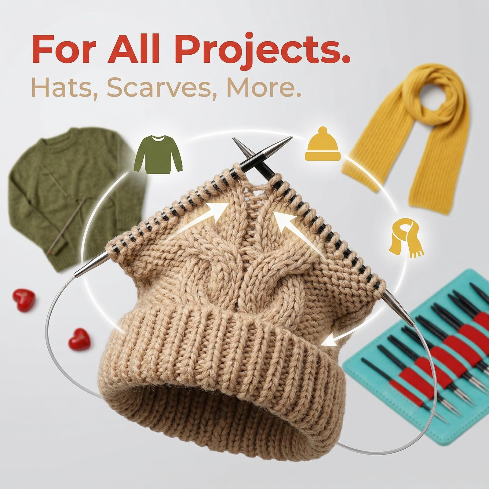 Jelquix 10 Paar Rundstricknadeln, Austauschbares Set 2,75–6 Mm, 12CM Länge mit 40CM, 60CM, 80CM, 100CM Kabeln, Einfache Größenerkennung, Geeignet für Pullover, Mützen, Schals
