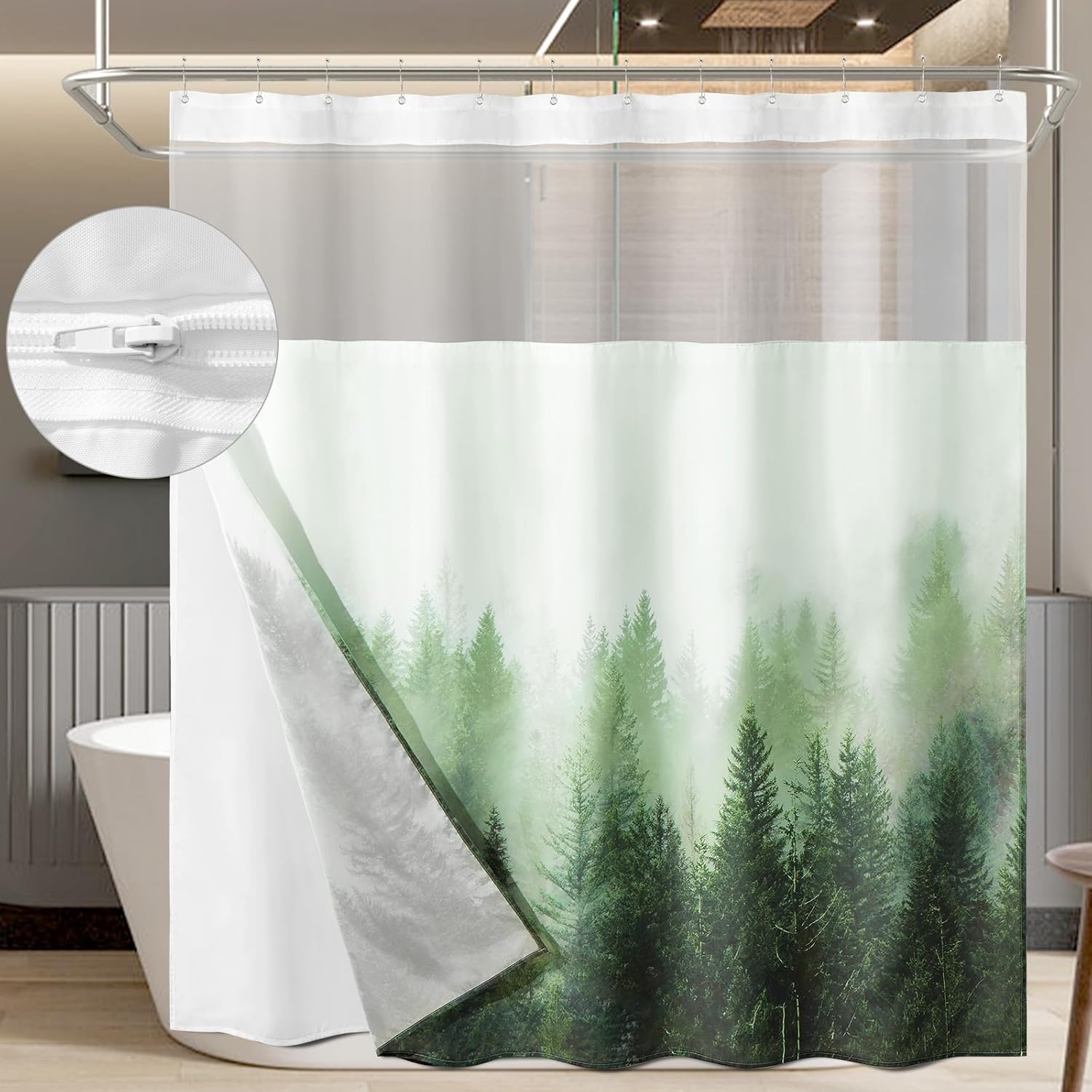 ORTIGIA Misty Forest Shower Curtain with Liner for Bathroom, Green Double Layer Nature Shower Curtain Set with See Through Top Window, Luxury Fabric Tree Bath Curtain, 72x74 with Metal Hooks