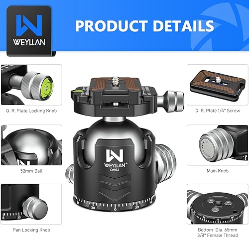 Miniatura 19 de WEYLLAN CH55 - Cabezal de bola de perfil bajo de 2.165 in, cabeza de bola panorámica, cabezal de cámara de trípode de metal CNC para trípodes
