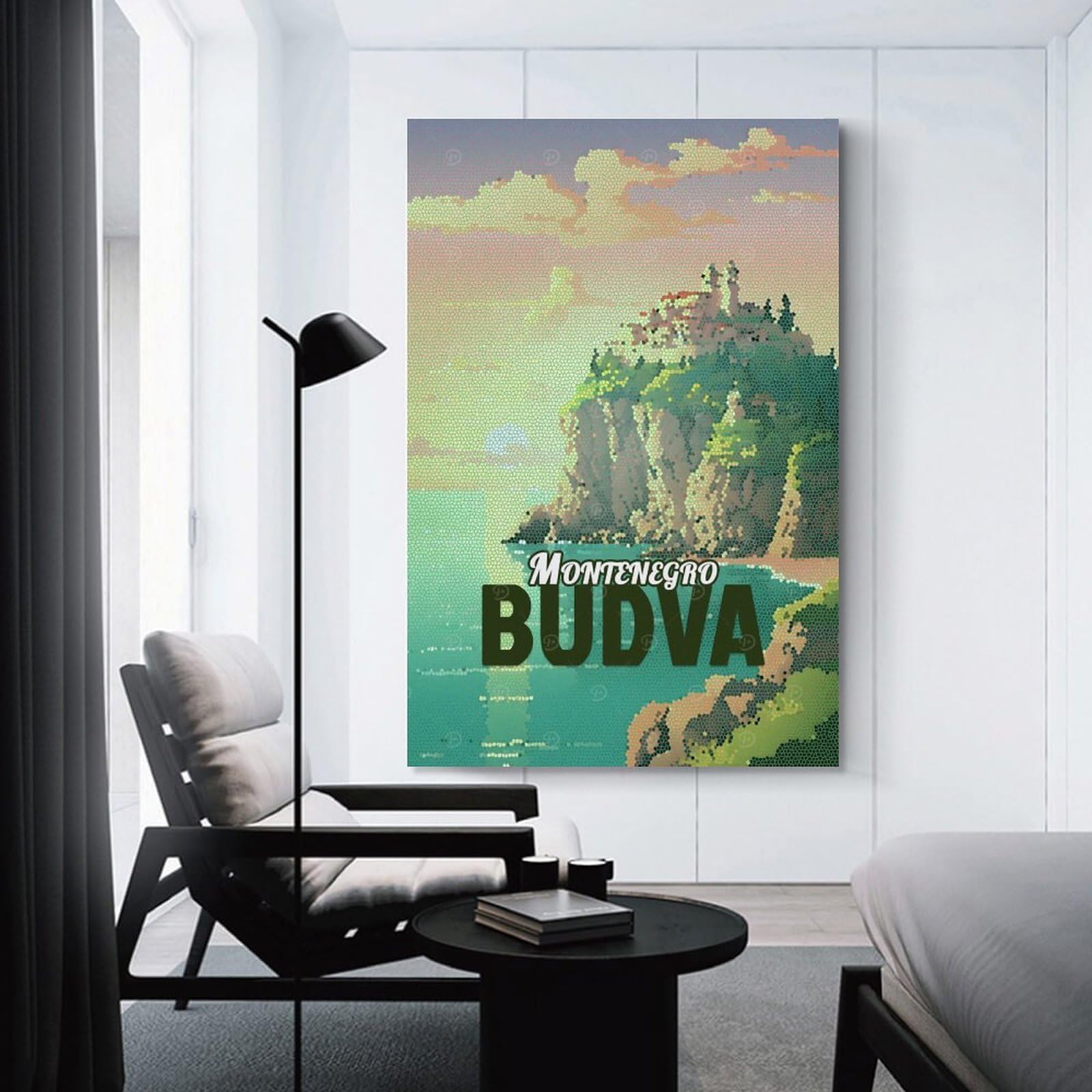 Junmoney Wall Art Print Montenegro Budva Mosaic Landscape, 24x36inch(60x90cm), for Home Lounge, Bedroom Or Reading Nook, Canvas Styling for A Polished Room Look